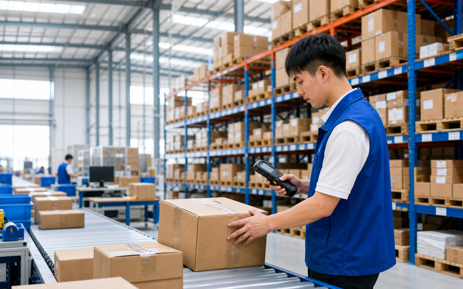 Warehouse staff inspecting parcels before international shipping